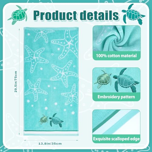 2 Pcs 13.7x29.5 Inch Sea Turtle Hand Towels | Jacquard 100% Embroidered Cotton, Soft Coastal Summer Beach Towel, Kitchen Bathroom Home Decor Gift