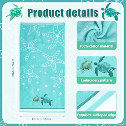 2 Pcs 13.7x29.5 Inch Sea Turtle Hand Towels | Jacquard 100% Embroidered Cotton, Soft Coastal Summer Beach Towel, Kitchen Bathroom Home Decor Gift