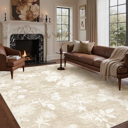 Soalmost Floral Washable Rugs 5x7 for Living Room, Neutral Soft Rug Beige | Oriental Flower Area Rug with Low-Pile Non-Slip Thin Throw Carpet for Bedroom Farmhouse Dining Room Nursery Home Office 5'x7' - color: Floral Beige, size: 5' x 7' (Rectangular)