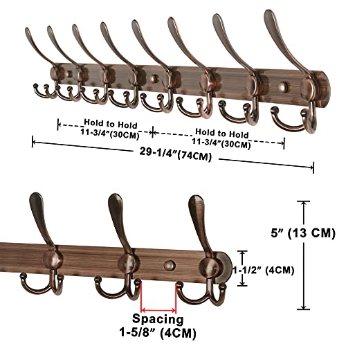 Coat Rack Wall Mount - 29.5” Long 8-Tri-Hooks Heavy Duty Coat Hanger Rail Wall Hooks for Hanging Coats Hats Clothing Clothes Purse Mudroom Entryway, Red Antique Copper - color: Antique Copper, size: L=29.5” (1 Pcs)