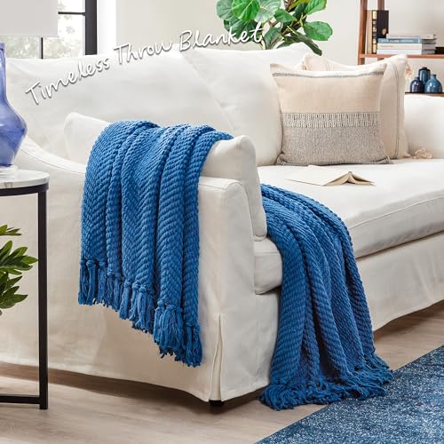 Chanasya Premium Textured Knit Throw Blanket with Tassels - Soft, Cozy Blanket for Couch, Bed, Living Room - 50" x 65” - Blue - color: Blue