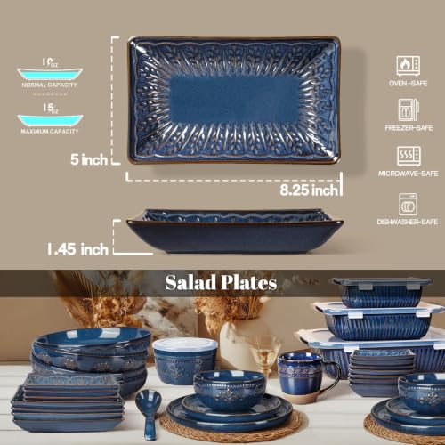 Appetizer Plates Set of 4, 8.25" Embossed Ceramic Rectangular Dessert Plates, Deep Lipped Edges, Microwave & Dishwasher Safe, Salad Sushi Snack Serving Plates (Blue, Wheat Leaf) - color: Blue (Wheat Leaf), size: 8.25 inch