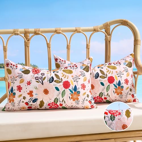 Waterproof Floral Lumbar Pillow Covers Summer Outdoor Decorative Pillow Covers Pink Accent Couch Covers Garden Farmhouse Cushion Cases 12x20 Inch Set of 2 for Patio Tent Balcony Bench Furniture Sofa - color: Pink, size: 20" x 12" (Pack of 2)