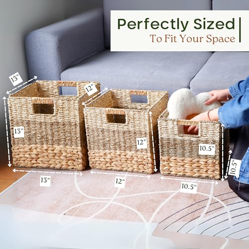 11x11 Wicker Storage Cubes Storage Baskets For Shelves Set 4 | 10.5 x 10.5 Water Hyacinth Storage Baskets Woven With Seagrass, Palm Leaf. Foldable Square Baskets With Carry Handles - size: 10.5x10.5x10.5