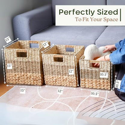 11x11 Wicker Storage Cubes Storage Baskets For Shelves Set 4 | 10.5 x 10.5 Water Hyacinth Storage Baskets Woven With Seagrass, Palm Leaf. Foldable Square Baskets With Carry Handles - size: 10.5x10.5x10.5