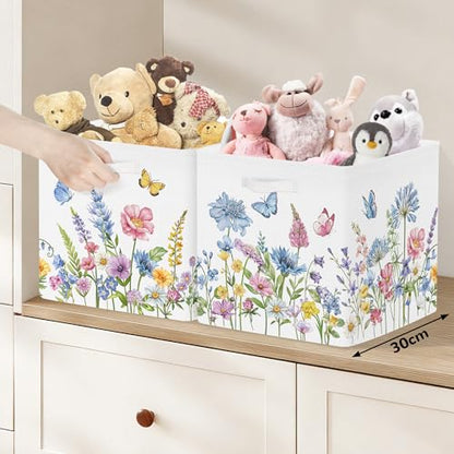 Clastyle 11.8" Flower Storage Basket Set of 3 for Kid Women Toy Clothes Bin | Collapsible Fabric Book Bin, Metal Frame Bottom Board, Cube Organizer, Closet Nursery Pantry Shelf Bedroom, Blue WildPlant - color: Blue Flowers