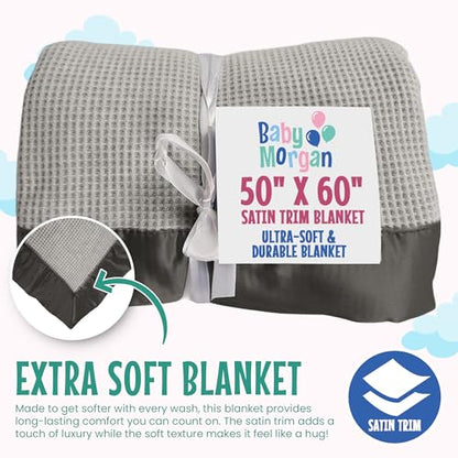 Thermal Waffle Knit Throw Blanket Satin Trim Gray 50" x 60" | Adult throw blanket with soft lightweight waffle knit design, satin trim & breathable layer for couch, bed & living room use. - color: Gray - Satin Trim