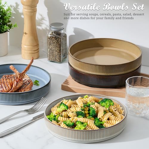 E-far Pasta Bowls Set of 4, 35oz Large Salad Bowl Plate for Dinner Serving Soup, Wide & Shallow Ceramic Stoneware Pasta Plates, Microwave & Dishwasher Safe, Reactive Glaze Textured Stripes, Multicolor - color: Multicolor