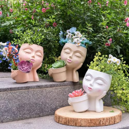 Lady Face Planter Pots Head - Double Cute Planters for Indoor Plants, Flower & Succulent with Drainage Holes, Novelty Head Plant Pot for Home Garden Succulents Cactus White - color: White-b