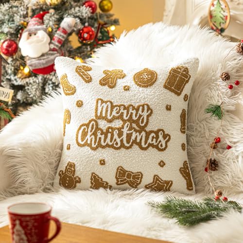 1 Pack Christmas Throw Pillow Covers 18"x18" White Boucle Pillow Cases with 3D Embroidery Fluffy Decorative Holiday Winter Thanksgiving Decorations for Couch Sofa Living Room Bed - color: Merry Xmas