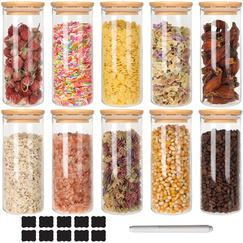 DHSBTLS 10 Pack 14 oz Glass Jars with Airtight Bamboo Lids for Kitchen | 450 ml Pantry Organization Jar, Glass Terrarium with Lid, Spice, Flour and Sugar Container, Canister Set for Kitchen Counter - size: 14 fl oz (10 pcs)
