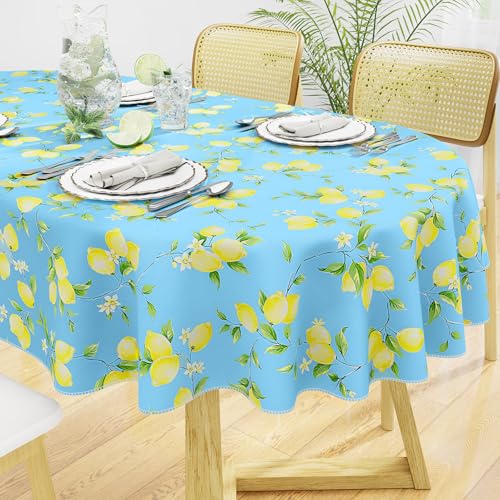 Oval Waterproof Vinyl Table Cloth, Wipeable Tablecloth with Flannel Backing, Plastic Table Cover for Dinner, Picnic, Indoor and Outdoor (Lemon, 52" x 70") - color: Blue, size: 70" x 52" (Oval)