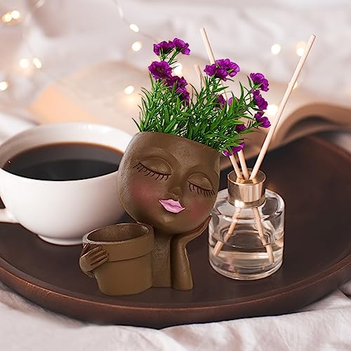 Face Planter Pot, Lady Head Planter with Drainage Holes, Brown | Dual-compartment lady head planter with drainage holes for succulents, cactus, and air plants - color: Brown