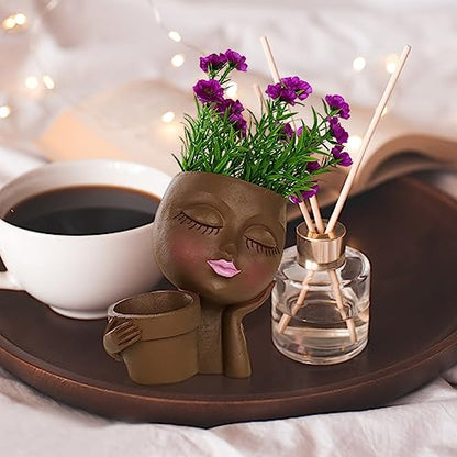 Face Planter Pot, Lady Head Planter with Drainage Holes, Brown | Dual-compartment lady head planter with drainage holes for succulents, cactus, and air plants - color: Brown