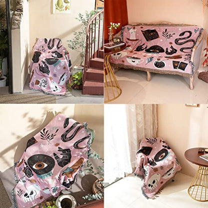 Divination Tarot Card Snake Skull Devil Eyes Throw Woven Blanket with Tassel for Home Decoration Chair Couch Sofa Bed Beach Travel Picnic Cloth Tapestry Shawl Cozy Cotton (Pink 63×51 Inches)