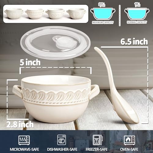 French Onion Soup Bowls with Handles and lids & Spoons, 20 Oz Ceramic Soup Crocks Oven Safe Serving Bowls for Chili, Beef Stew, Cereal, Pot Pies, Embossment, Set of 4, White (Willow Leaf) - color: White (Willow Leaf)