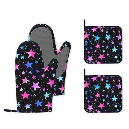 Blue Pink Stars Heat-Resistant Silicone Oven Mitts and Pot Holder 4 Piece Set,Non-Slip Kitchen Oven Gloves for Baking, BBQ, Cooking,Grilling - color: Blue Pink Stars