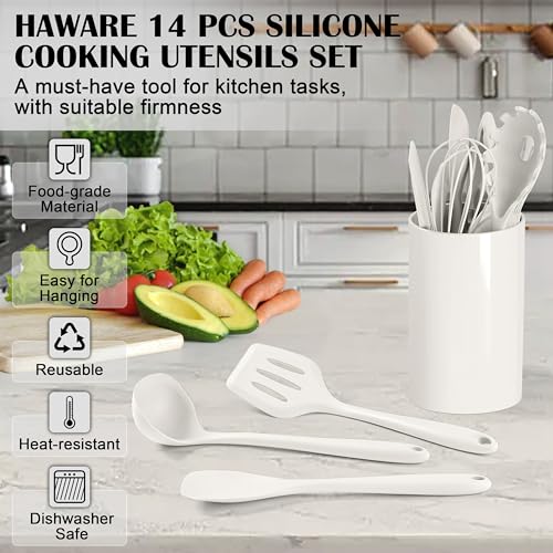 HaWare Kitchen Utensils, 14 PCS Silicone Cooking Utensils Set, Heat Resistant Kitchen Utensils for Non-stick Cookware, Kitchen Gadgets Tools with Spoons, Spatulas, Whisk, Dishwasher Safe (White) - color: White
