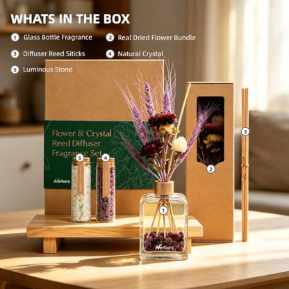 Reed Diffuser Home Fragrance Set 6oz with Real Dried Flowers & Natural Crystal Stones for Positive Energy – DIY Aromatherapy Gift, Safe for Kids and Pets (Violet Spirit)