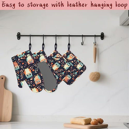 Cute Owl Heat-Resistant Silicone Oven Mitts and Pot Holders 4 Piece Set,Extra Long Non-Slip Kitchen Oven Gloves for Cooking, Baking, BBQ,Grilling - color: Cute Owl