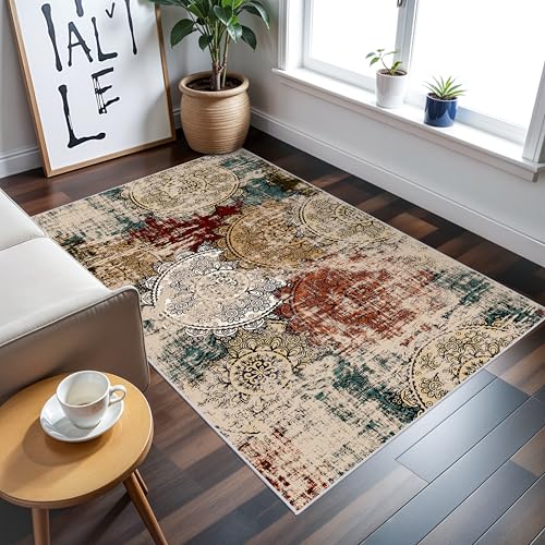Washable Soft 3x5 Area Rugs: Red Abstract Mandala Stamped Entryway Non Slip | Modern Floor Mat Low Pile Durability Ease of Vacuuming for Bedside Kitchen Spot Bathroom Under a Coffee Table 3x5 Red Green - color: Red/Green/Multi, size: 3' x 5' (Rectangular)