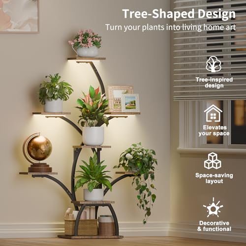 CODACE Plant Stand with Grow Lights - 50" Indoor Plant Shelf | 6 Tiered Plant Shelf Indoor, Lighted Tree-Shaped Plant Holder, Tall Flower Display Rack for Living Room, Patio(Black) - color: Black