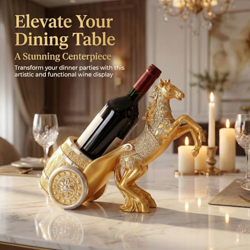 Horse Wine Bottle Holder, Standing Animal Figurine, Decorative Wine Rack Display Stand, Countertop Decor (Golden)