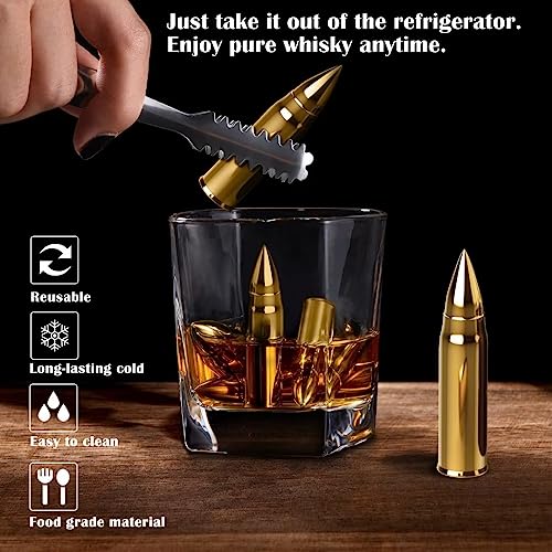 Gifts for Men Dad Father's Day, Birthday Gift from Daughter Son Wife Kids, Whiskey Stones with Wooden Box, Unique Ideas for Him Husband, Cool Bourbon Gadget - color: Gold - Wooden Box