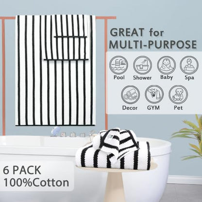 VOOVA & MOVAS 6PC Towel Set, 100% Cotton, Black White | 2 Large Bath Towels 30x56 In, 2 Hand Towels 18x28 In, 2 Washcloths 13x13 In, Quick Dry, Thick, Soft, College Dorm Towels - color: Black + White, size: 6 PC Bathroom Towel Set