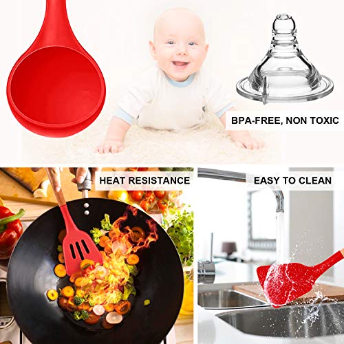 MIBOTE Silicone Cooking Kitchen Utensils Set, Wooden Handle, Red | BPA-Free, Non-Toxic Silicone Turner, Tongs, Spatula, Spoon Set – Great for Nonstick Cookware, Heat-Resistant, Easy Clean - color: Red