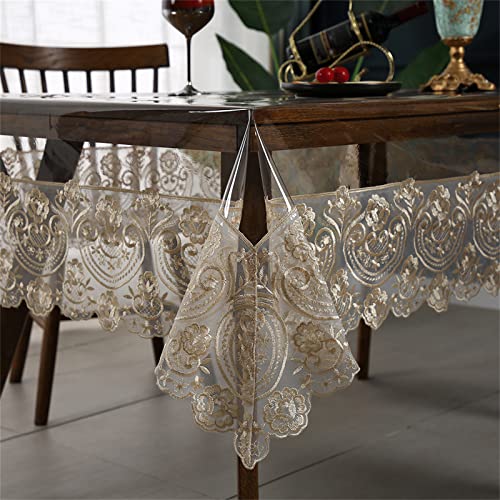 Clear Plastic Waterproof Tablecloth, Vinyl PVC Rectangle Table Cloth with Lace Macrame, Oil Spill Proof, Table Cover for Dining Tables, Parties and Holidays (Champagne, 60 x 106 Inch) - color: Champagne, size: 106" x 60" (Rectangular)