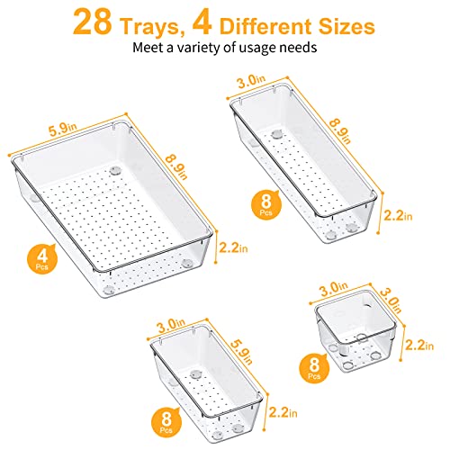 SMARTAKE 28 Piece Drawer Organizers with Non-Slip Silicone Pads, 4-Size | Clear Desk Bathroom Drawer Organizer Trays Storage Tray for Makeup, Jewelry, Utensils in Bedroom Dresser, Office and Kitchen - size: 28 PCS