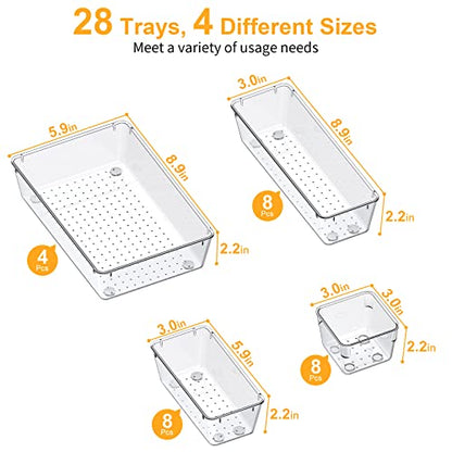 SMARTAKE 28 Piece Drawer Organizers with Non-Slip Silicone Pads, 4-Size | Clear Desk Bathroom Drawer Organizer Trays Storage Tray for Makeup, Jewelry, Utensils in Bedroom Dresser, Office and Kitchen - size: 28 PCS