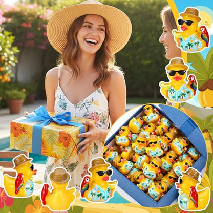 RoundFunny 50pcs Tropical Mini Duck Summer Party Favor Resin Miniature Duck | Small Duck Figurines Bulk for Cruise Ship, Hawaii Duckies Desk Ornament, Luau-themed Duckies for DIY Craft Cake Car Decor - style: Summer