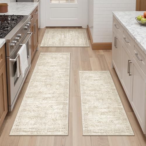 Kitchen Rugs Sets of 3, 2x3 2x4 2x5 Rug Runner,Beige | 3 Piece Washable Rug for Hallway,Entryway,Bedroom,Dining Room,Thin,Soft Runner Rug,Stain Resistant Indoor Carpet,Non Slip - color: Beige/Ivory, size: 2x3+2x4+2x5 Set