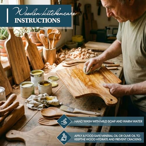 Olive Wood Charcuterie Board Knife Fork Set Rectangle Long Handle | 15x10 Handcrafted Cheese Serving Platter, Wedding Housewarming Gifts Couples, Natural Wood Grain Kitchen Board - color: Olive Wood, style: Rectangle with Long Handle