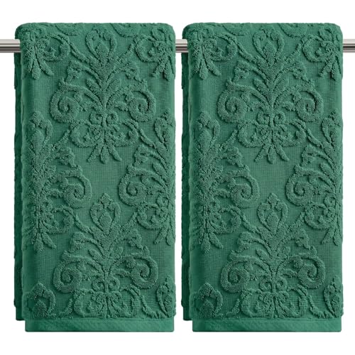 Artoid Mode 2 Pcs Dark Green 3D Vintage Floral Hand Towels for Bathroom, 100% Cotton Soft Absorbent Bathroom Decor Towels, 13.7 x 29.5 Inch - color: Dark Green, size: 13.7" x 29.5", 2PCS