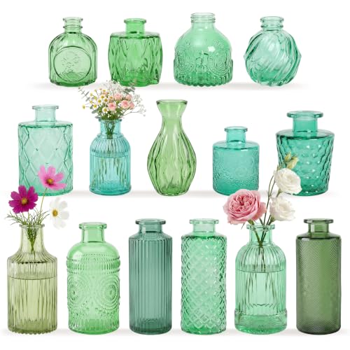 15Pcs Assorted Vintage Bud Vases, Colorful Glass Small Vases Bulk, for Centerpieces, Wedding Table Decor, Home Decorations & Gifts (Green Series) - color: Green Series, size: 15Pcs