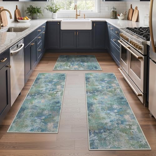 GENIMO Kitchen Rugs Set of 3, Washable Non Slip Kitchen Mats for Floor | 20"x32"&20"x48"&20"x59", Mix Blue vintage abstract rug, soft faux cashmere, low pile, easy-clean for laundry - color: Mix Blue, size: 20"x32"+20"x48"+20"x59"