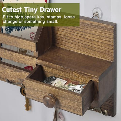 Key Holder Wall Mount, Wooden Key and Mail Organizer, Brown | 2 Mount Options, Includes 8 Hooks, Fence Mail Slot, Small Drawer and Shelf, for Entryway, Hallway, Doorway, Living Room, RV - color: Brown