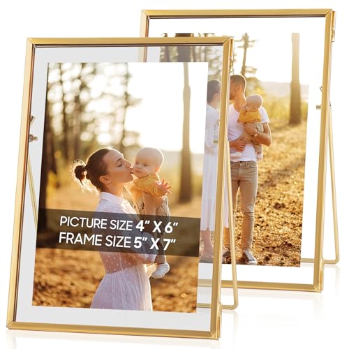 Gold Floating Picture Frame Set of 2, Tempered Glass Floating Frames 5x7, Gold Picture Frame for Multi Size Photo 4 x 6, 3 x 5 for Tabletop Display - color: Gold, size: 5x7 inch