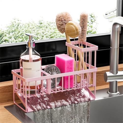 Cisily Pink Kitchen Sink Caddy Organzier with High Brush Holder, Sponge Holder for Sink, 304 Rustproof Stainless, Kitchen Countertop Soap Dispenser Organizer - color: Pink, size: 9.25″