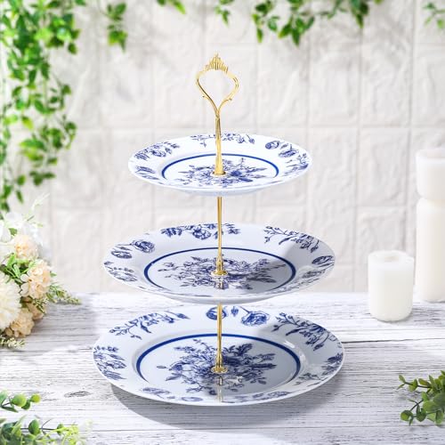 Lallisa Blue Floral 3 Tier Dessert Stand 10", 9" and 7" Ceramic Vintage Chinoiserie Tea Party Tiered Tray Cake Stand Display Holder Tower for Something Blue Before I Do Bridal Shower Decorations - color: Blue, style: Chinoiserie