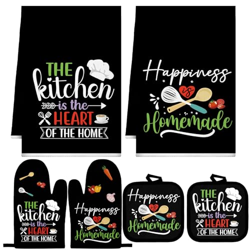 Sratte 6 Pcs Kitchen Decor Accessories Set, Kitchen, Black Color | Farmhouse Kitchen Towels Pot Holders Oven Mitts Set 2 Dish Towels 2 Potholders 2 Cooking Mittens for Baking Cooking Supply - color: Black Color, style: Kitchen