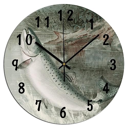 Fishing Wall Clock 12x12 Inches Farmhouse Kitchen Decor Gifts Kitchen PVC Wall Clock Non Ticking Retro Wall Hanging PVC Clock for Bedroom Kids Room Laundry Room - color: Style-9, size: 12x12in（black）