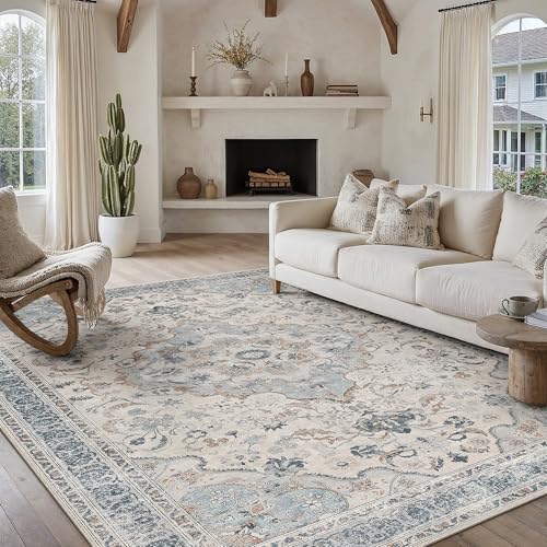 Blue Area Rug 10x12 Living Room Vintage Floral Non-Slip Carpet | Machine Washable, Soft, Low Pile, Distressed, Large for Bedroom, Dining Room, Office, Retro Neutral Decor - color: Vintage | Blue, size: 10' x 12' (Rectangular)