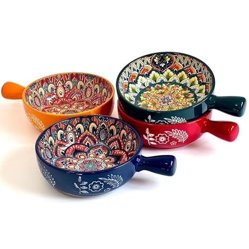 Bohemian Soup Bowls with Handles, 22 Oz French Onion Soup Crocks | Ceramic Soup Bowls for Cereal, Pasta, Chili, Chowder & Stew, Microwave, Dishwasher & Oven Safe, Bowls Set of 4