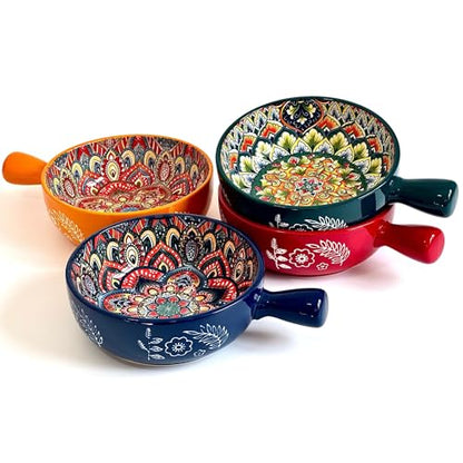 Bohemian Soup Bowls with Handles, 22 Oz French Onion Soup Crocks | Ceramic Soup Bowls for Cereal, Pasta, Chili, Chowder & Stew, Microwave, Dishwasher & Oven Safe, Bowls Set of 4