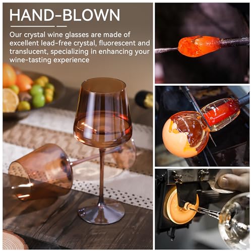 Brown Wine Glasses Set of 6,18oz Dark Amber Wine Glassware Gift Set for Party Brown Hand Blown Glass Drinkware for Red White Wine gifts set for wine lovers - color: Dark Amber