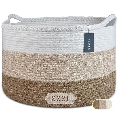 COMSE XXXLarge Woven Blanket & Laundry Basket, 87L, White & Gradient Brown | 21.7" x 13.8", Cotton Rope, Nursery Hamper for Storage of Toys Clothes Towels, Ideal for Living Room Bedroom Bathroom - color: White & Gradient Brown
